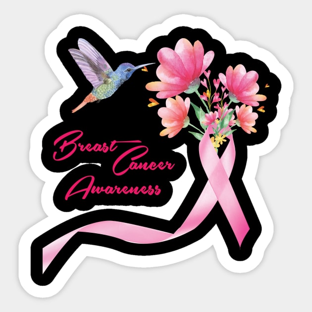 'Hummingbird With Flowers Pink Ribbon' Breast Cancer Gift Sticker by ourwackyhome